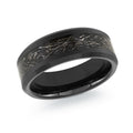 Black tungsten band with textured inlay.