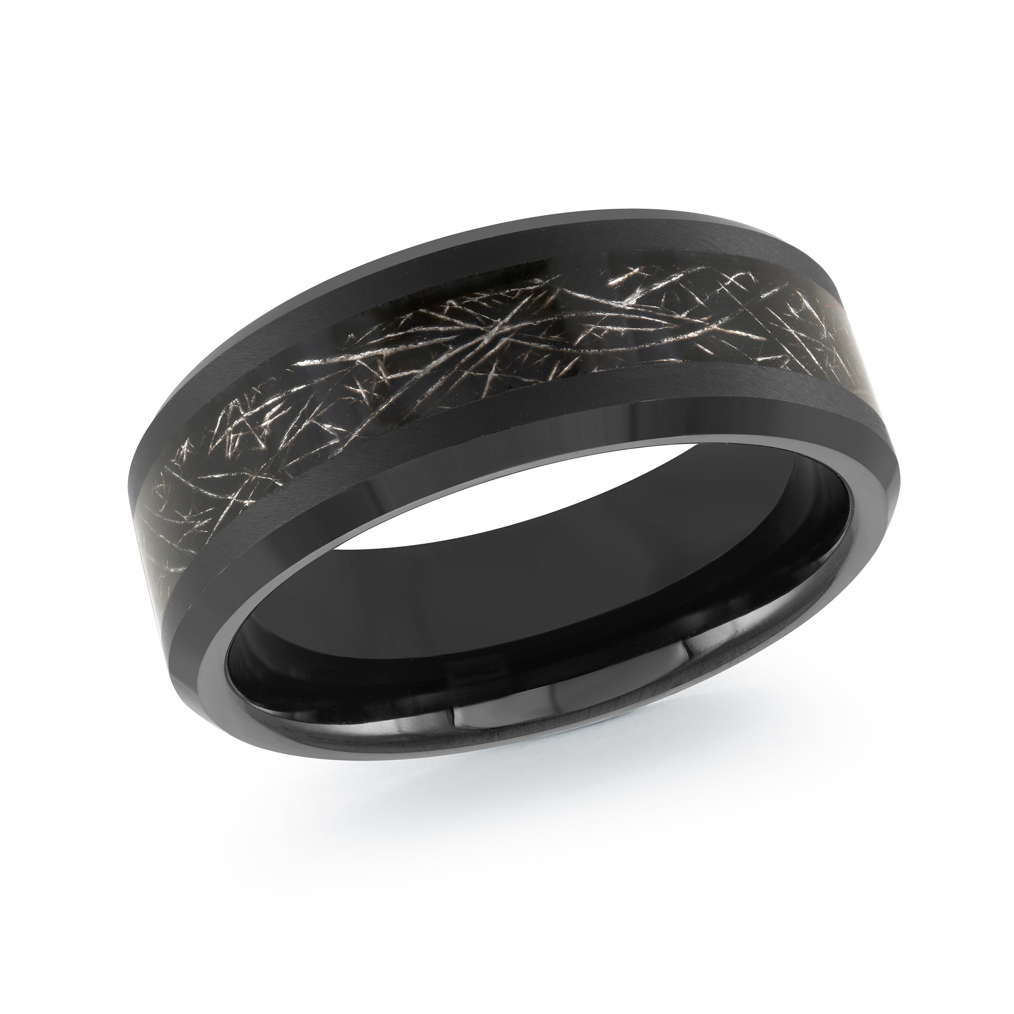 Black tungsten band with textured inlay.