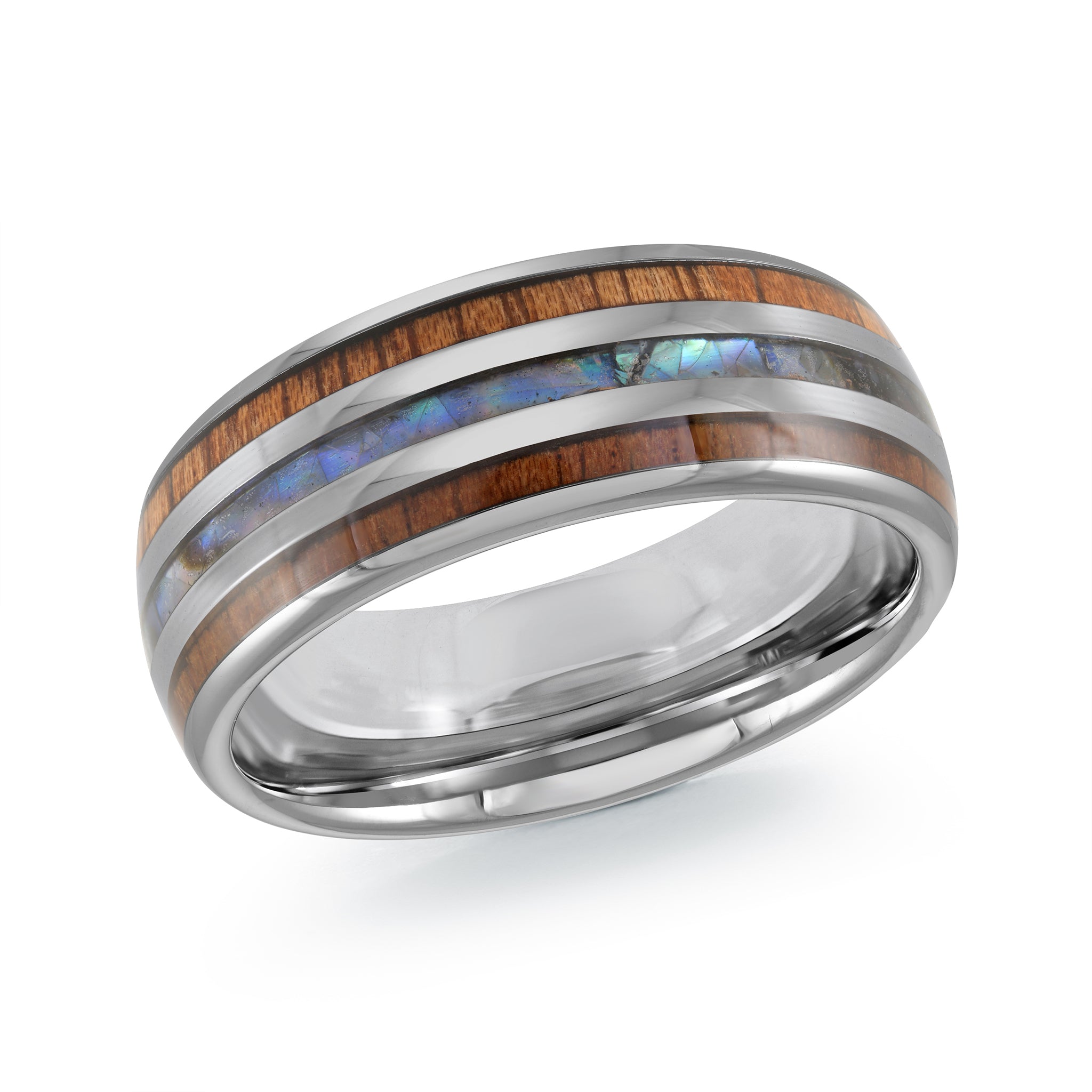 Ring with wooden and shell inlay on a white background