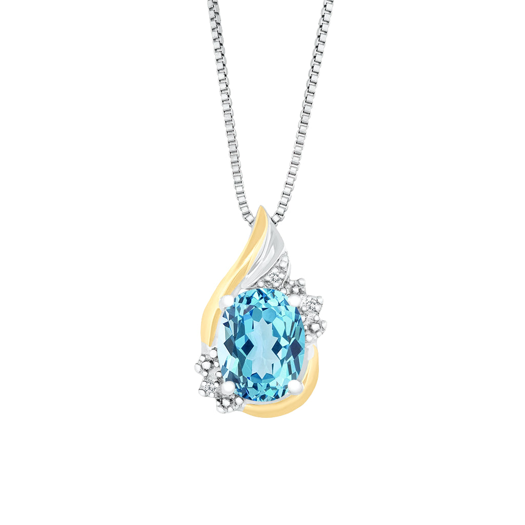 A teardrop-shaped pendant necklace featuring an oval blue topaz surrounded by small diamonds, set in a two-tone yellow and silver design on a silver box chain, isolated on a white background.