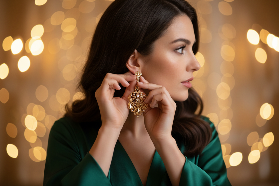 Woman wearing gold earrings with a blurred bokeh background