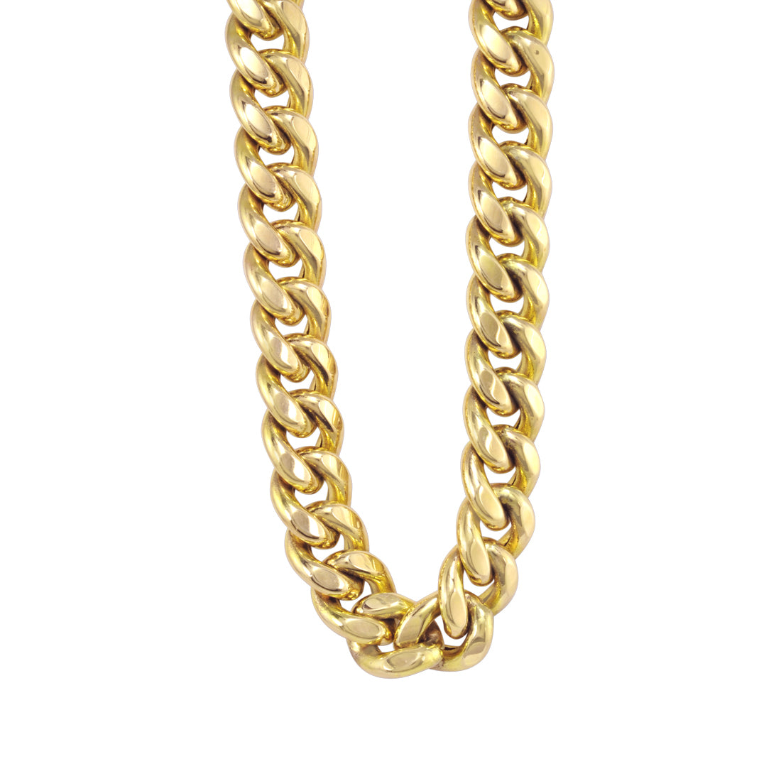 A close-up of a thick, polished yellow gold Cuban link chain necklace against a plain white background.