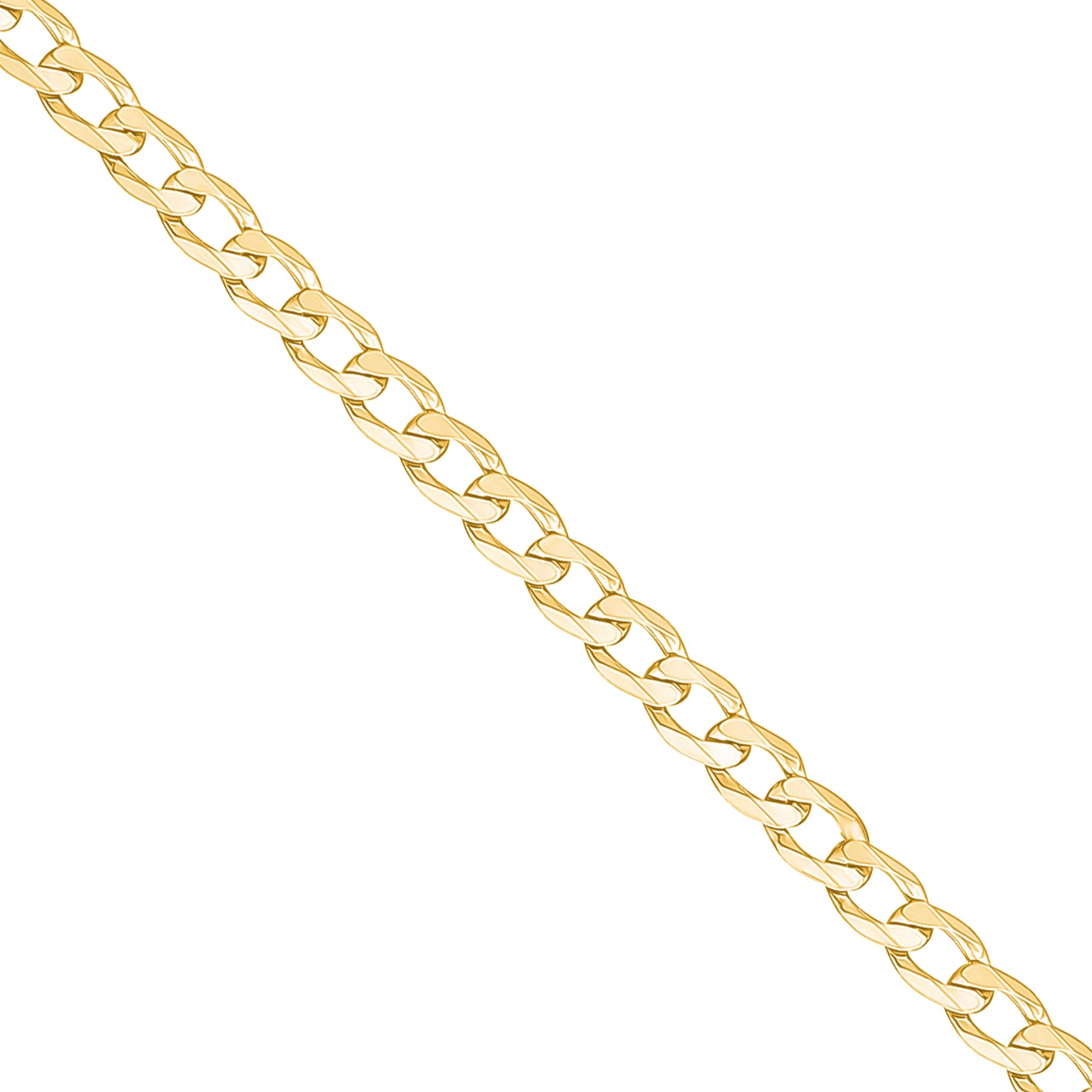 A close-up of a yellow gold curb chain link against a plain white background.