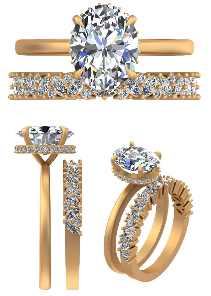 Gold diamond engagement ring set shown from multiple angles on a plain white background, including a top-down view with a large round center stone and side views showing the band details.