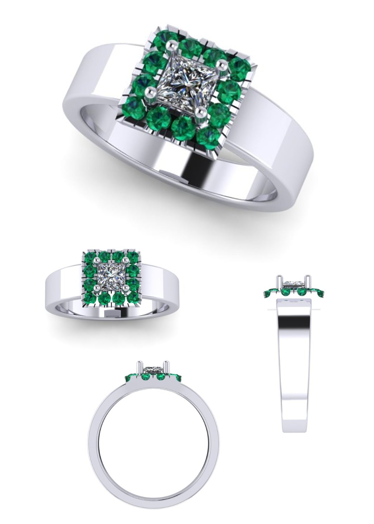 A silver ring shown from multiple angles on a white background, featuring a square cluster of green gemstones with a central clear stone and a polished silver band.
