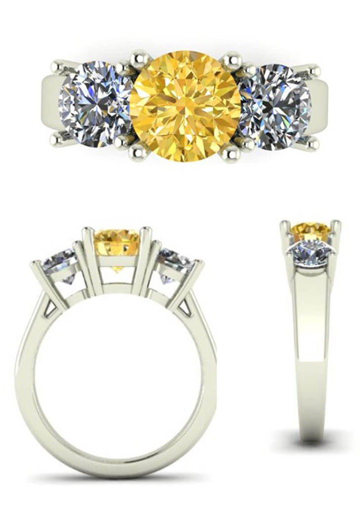 A white gold three-stone diamond ring shown from multiple angles: a top-down view with a large round yellow center stone and two round clear side stones, and two side-profile views showing the band shape. 
