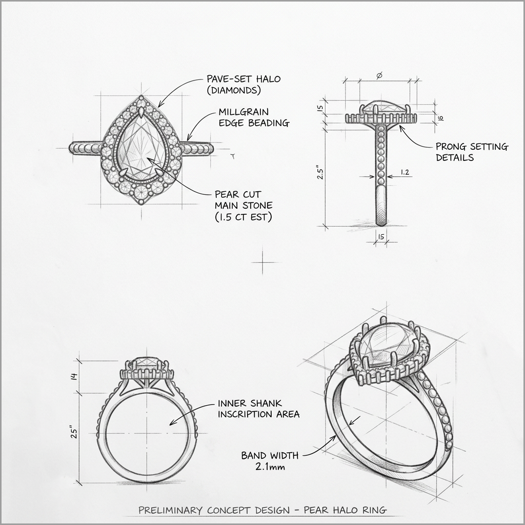 Technical sketch of a pear halo ring with labeled dimensions and annotations, including 'Pave-set halo (diamonds)', 'Millgrain edge beading', 'Pear cut main stone (1.5 ct EST)', and 'Prong setting details' on a white background.