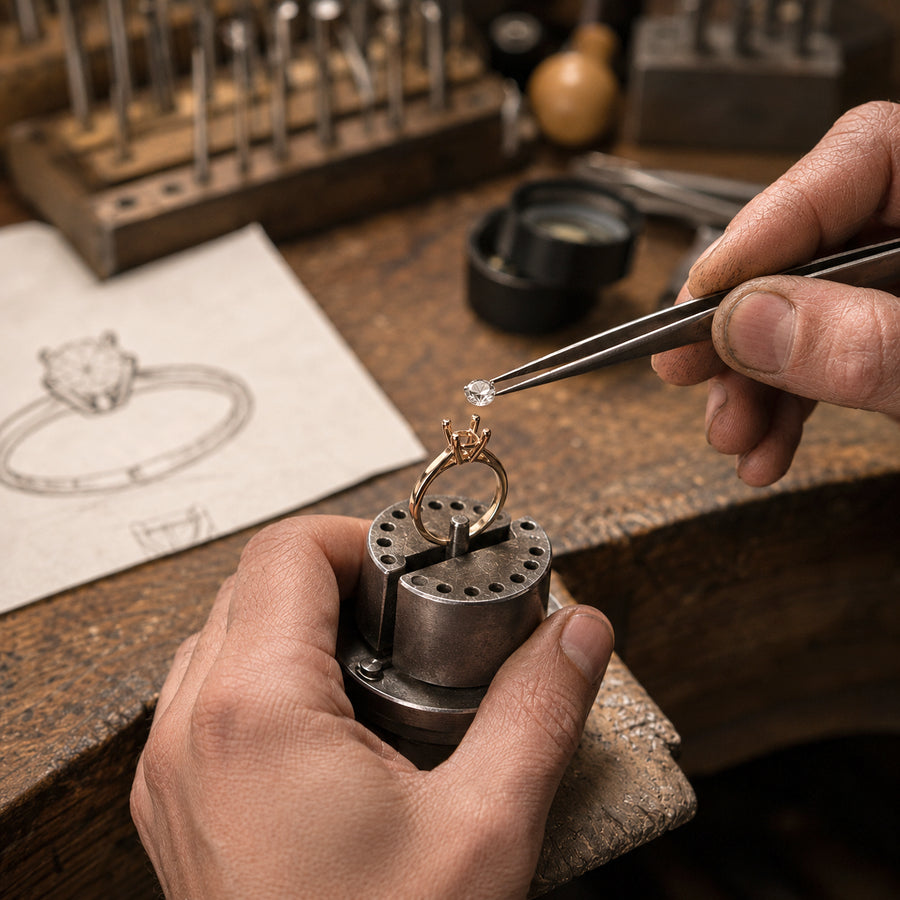 Jeweler working on a ring with tools and jewelry design sketches in the background