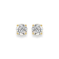 A pair of round-cut solitaire stud earrings in yellow gold four-prong settings, shown on a clean white background.