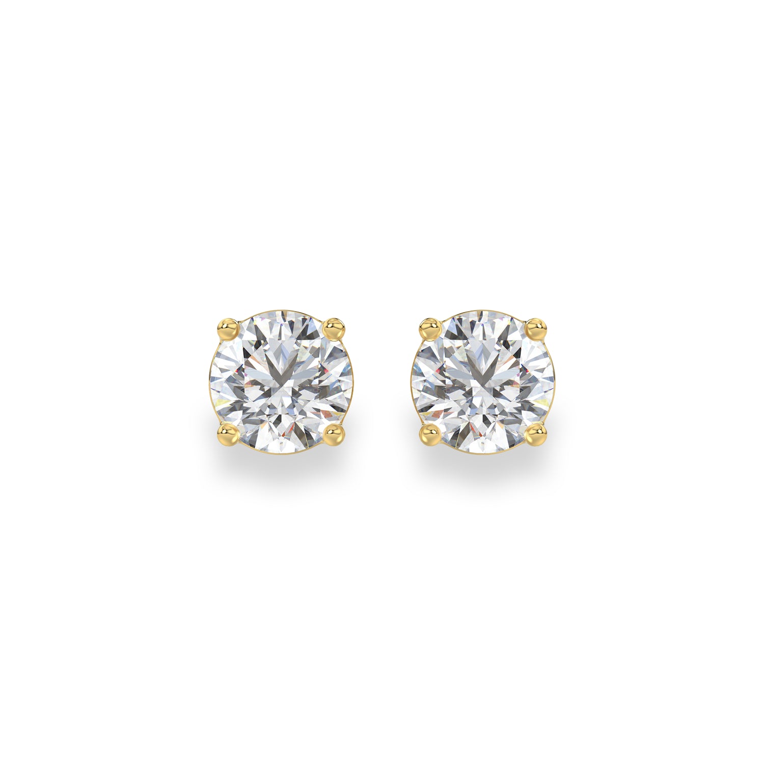 A pair of round-cut solitaire stud earrings in yellow gold four-prong settings, shown on a clean white background.