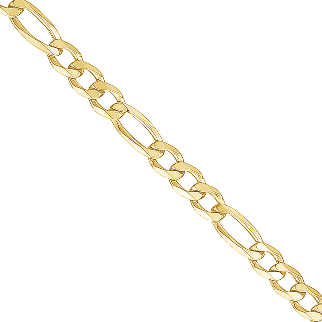 A close-up of a yellow gold figaro chain link against a plain white background.