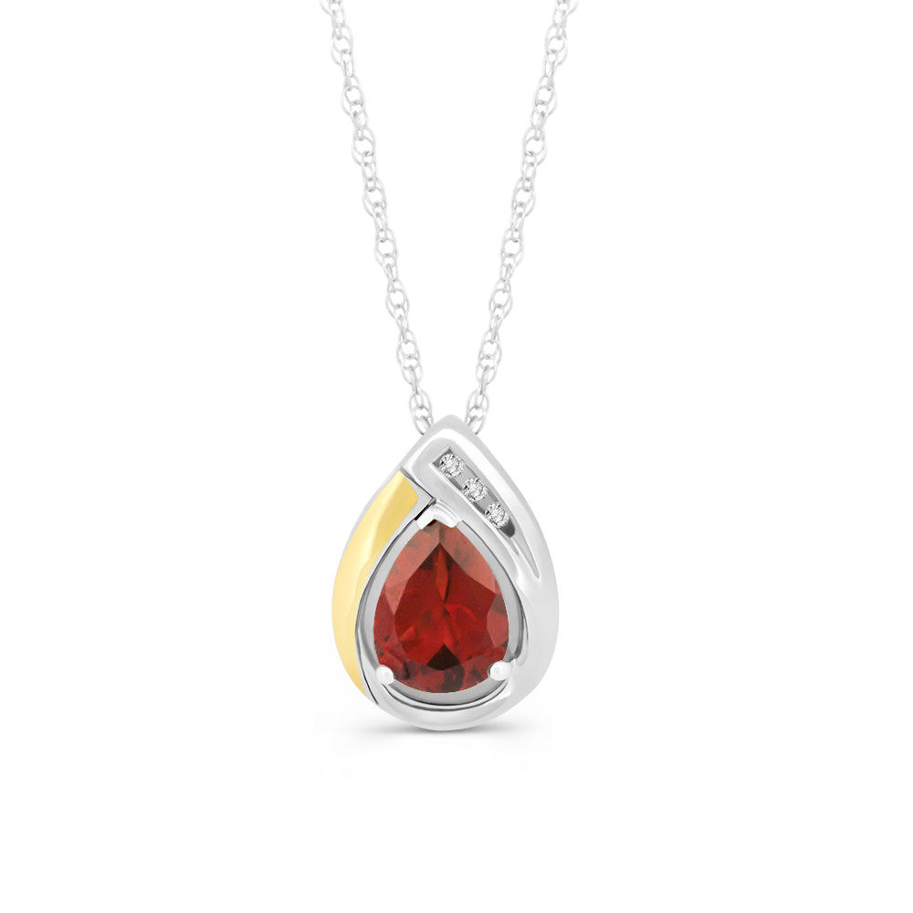 Sterling silver garnet and diamond necklace with yellow gold and diamond accent, on a twisted chain.