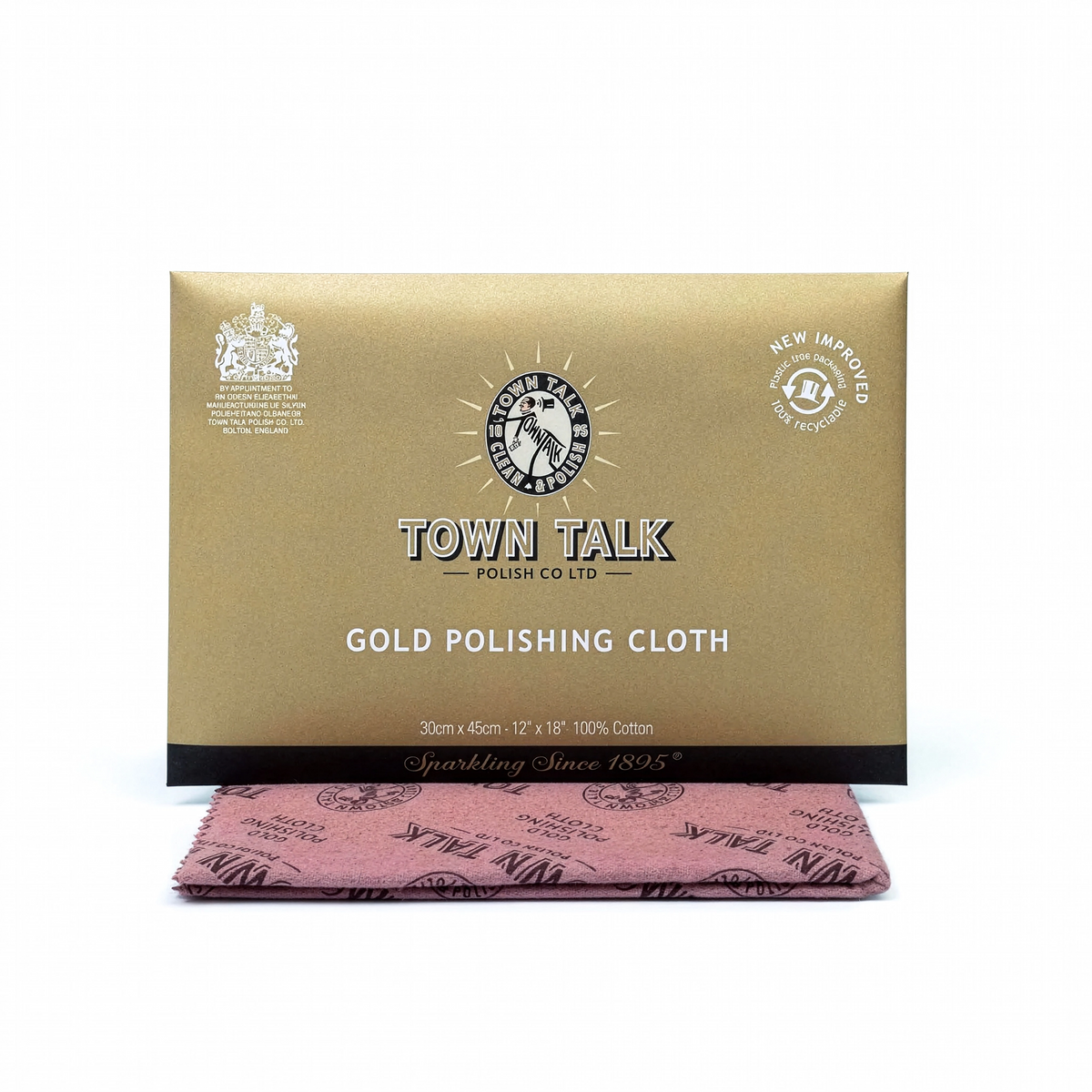 Town Talk Gold Polishing Cloth packaging box in metallic gold with a folded pink cloth displaying the Town Talk logo, shown on a white background.