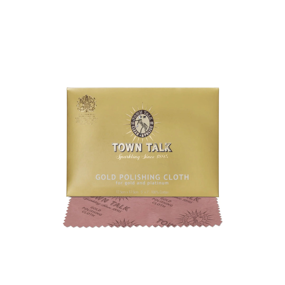 Town Talk Gold Polishing Cloth packaging box in gold with a pink cloth partially visible underneath, on a white background.