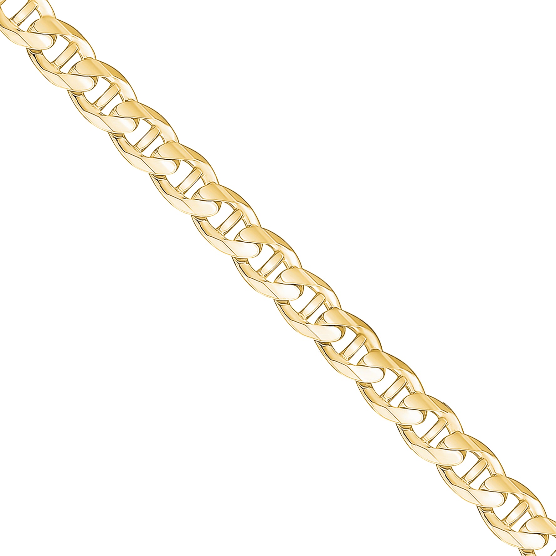 A close-up of a yellow gold mariner chain link against a plain white background.