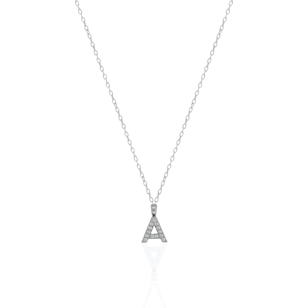 A silver initial necklace featuring a  letter pendant set with small clear stones, suspended from a delicate gold chain against a white background.