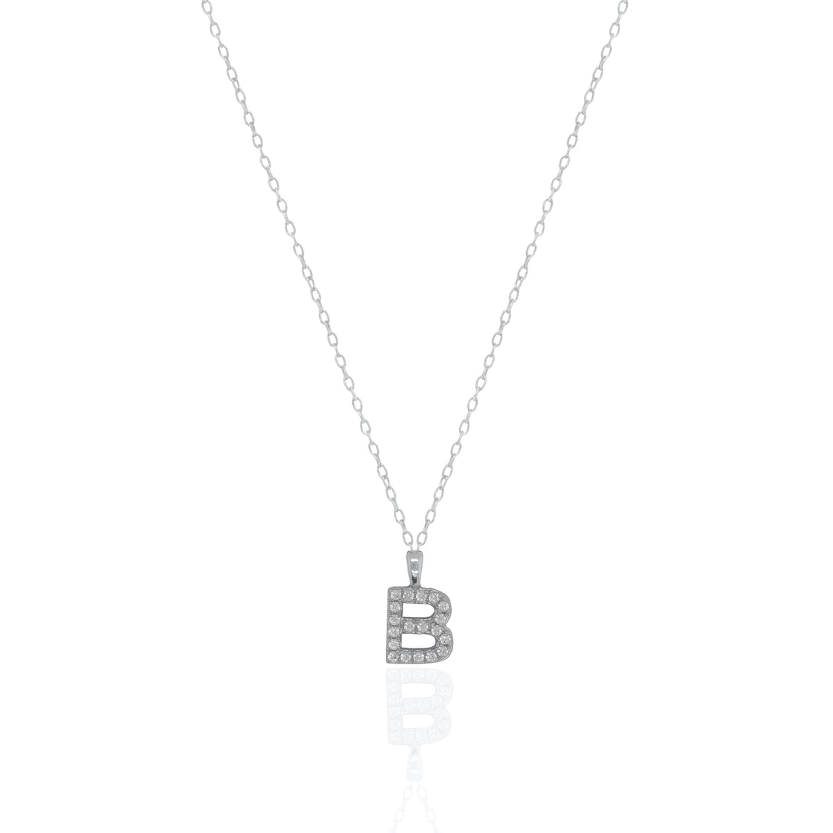 A silver initial necklace featuring a  letter pendant set with small clear stones, suspended from a delicate gold chain against a white background.
