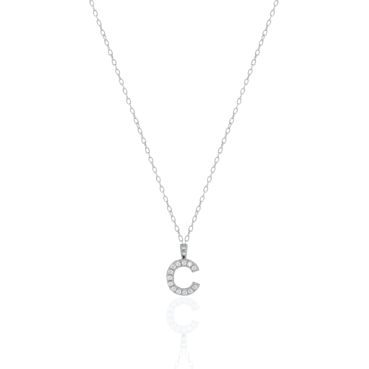 A silver initial necklace featuring a  letter pendant set with small clear stones, suspended from a delicate gold chain against a white background.