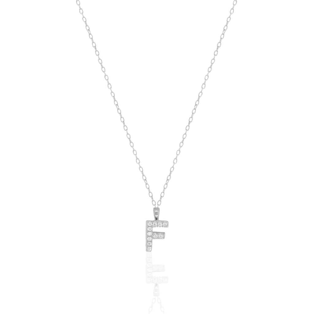 A silver initial necklace featuring a  letter pendant set with small clear stones, suspended from a delicate gold chain against a white background.