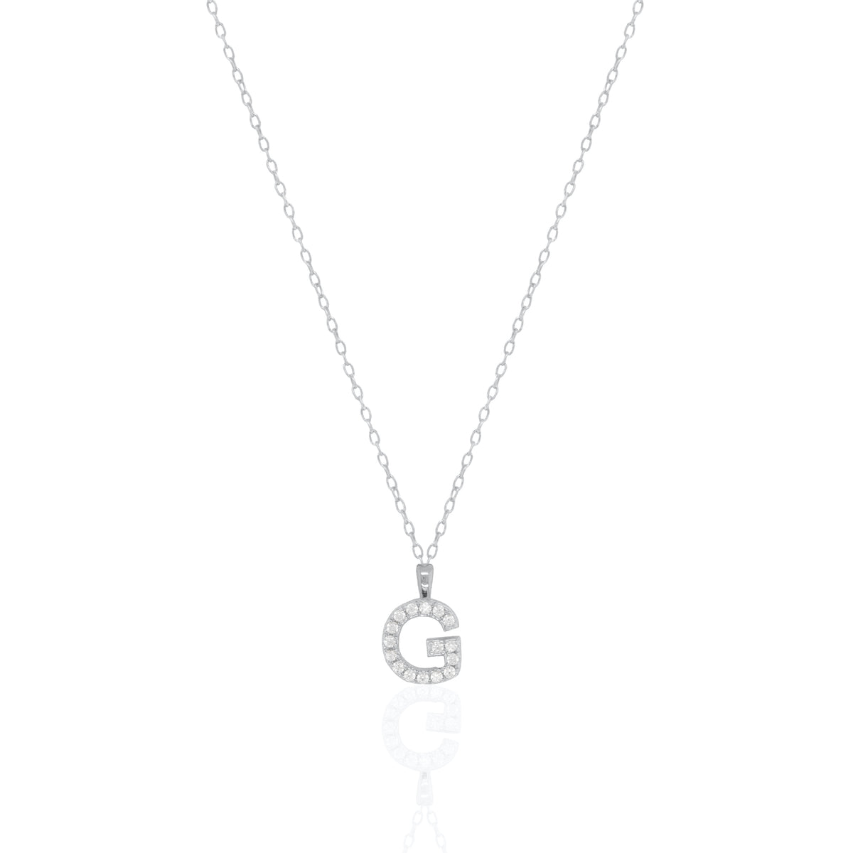 A silver initial necklace featuring a  letter pendant set with small clear stones, suspended from a delicate gold chain against a white background.
