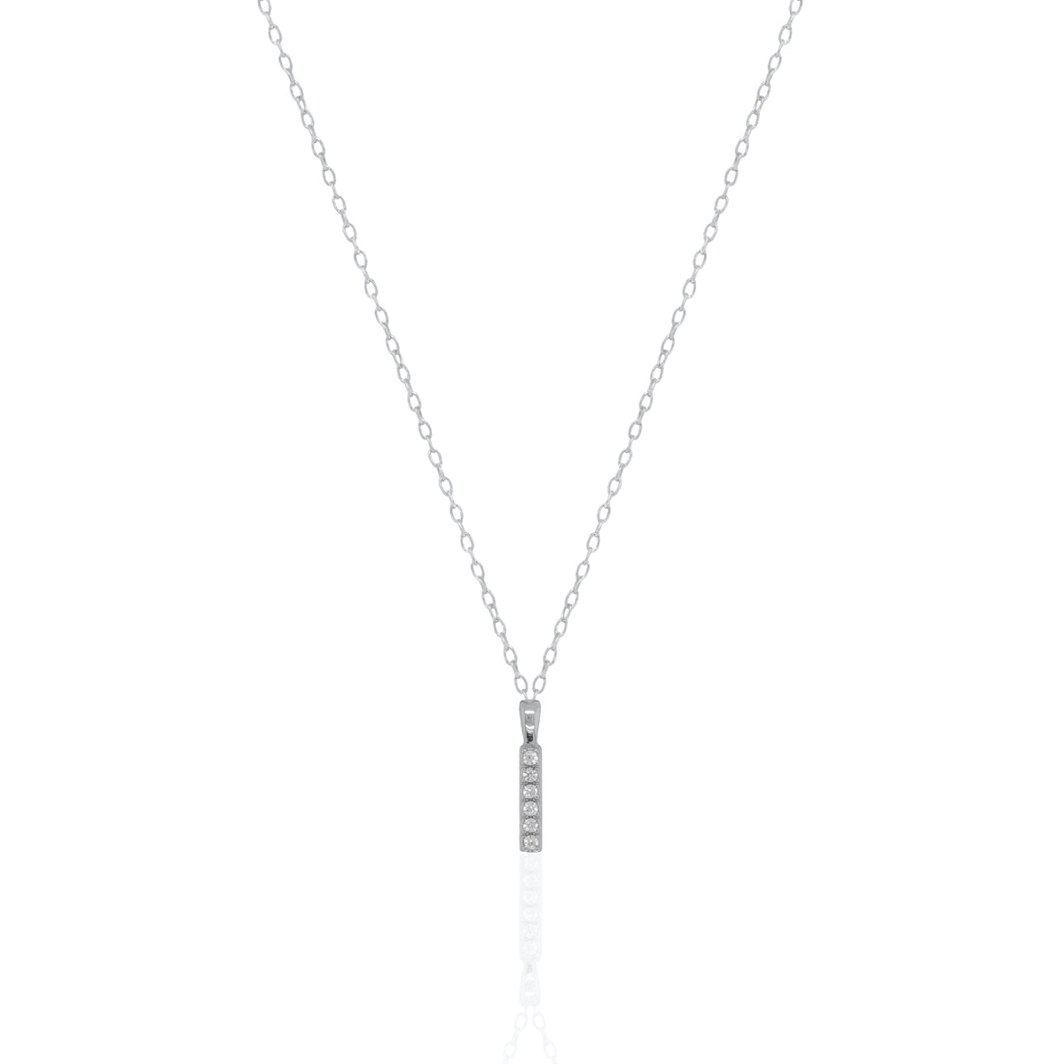 A silver initial necklace featuring a  letter pendant set with small clear stones, suspended from a delicate gold chain against a white background.