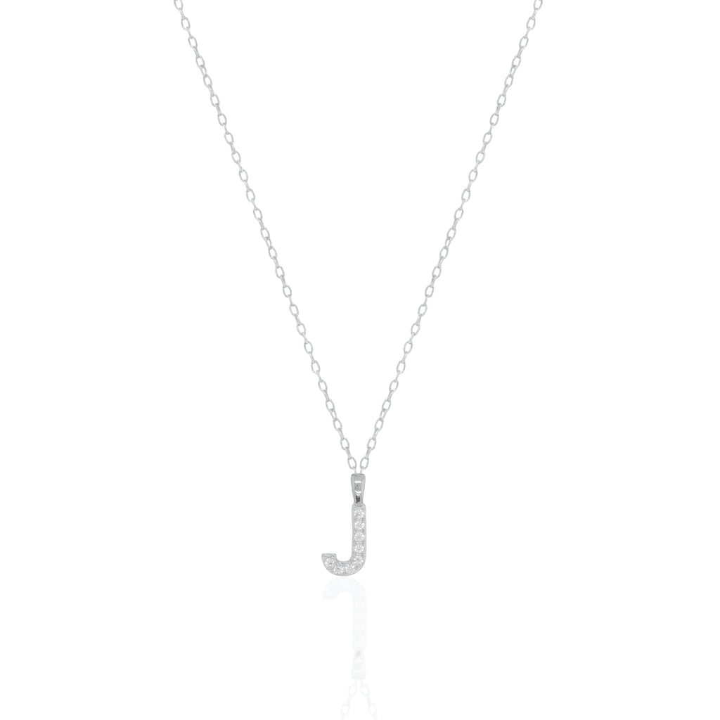 A silver initial necklace featuring a  letter pendant set with small clear stones, suspended from a delicate gold chain against a white background.