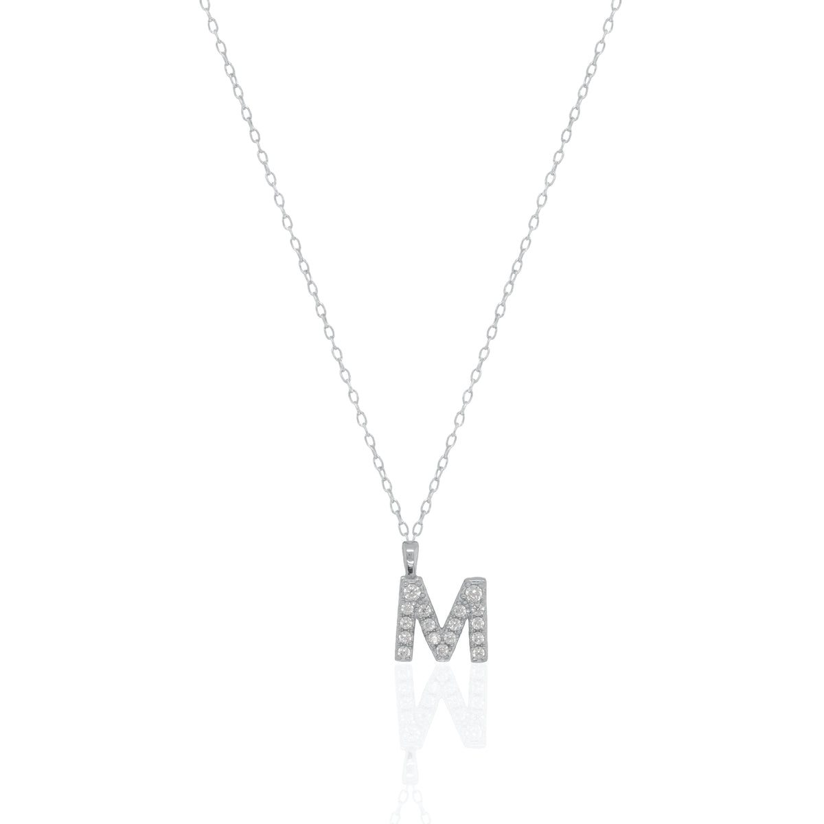 A silver initial necklace featuring a  letter pendant set with small clear stones, suspended from a delicate gold chain against a white background.