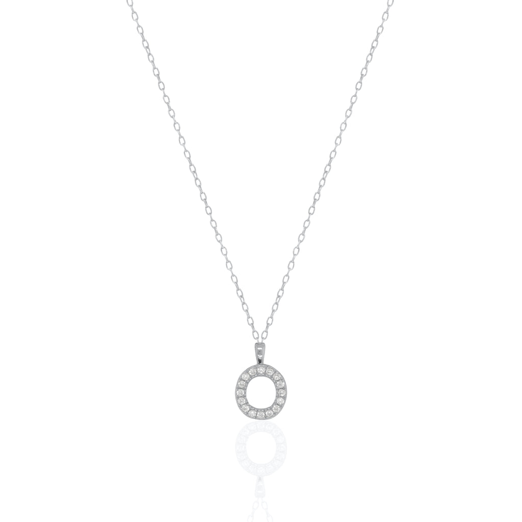 A silver initial necklace featuring a  letter pendant set with small clear stones, suspended from a delicate gold chain against a white background.