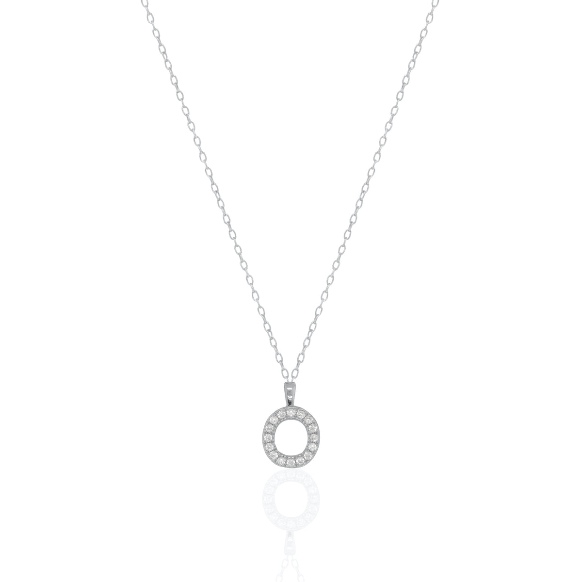 A silver initial necklace featuring a  letter pendant set with small clear stones, suspended from a delicate gold chain against a white background.