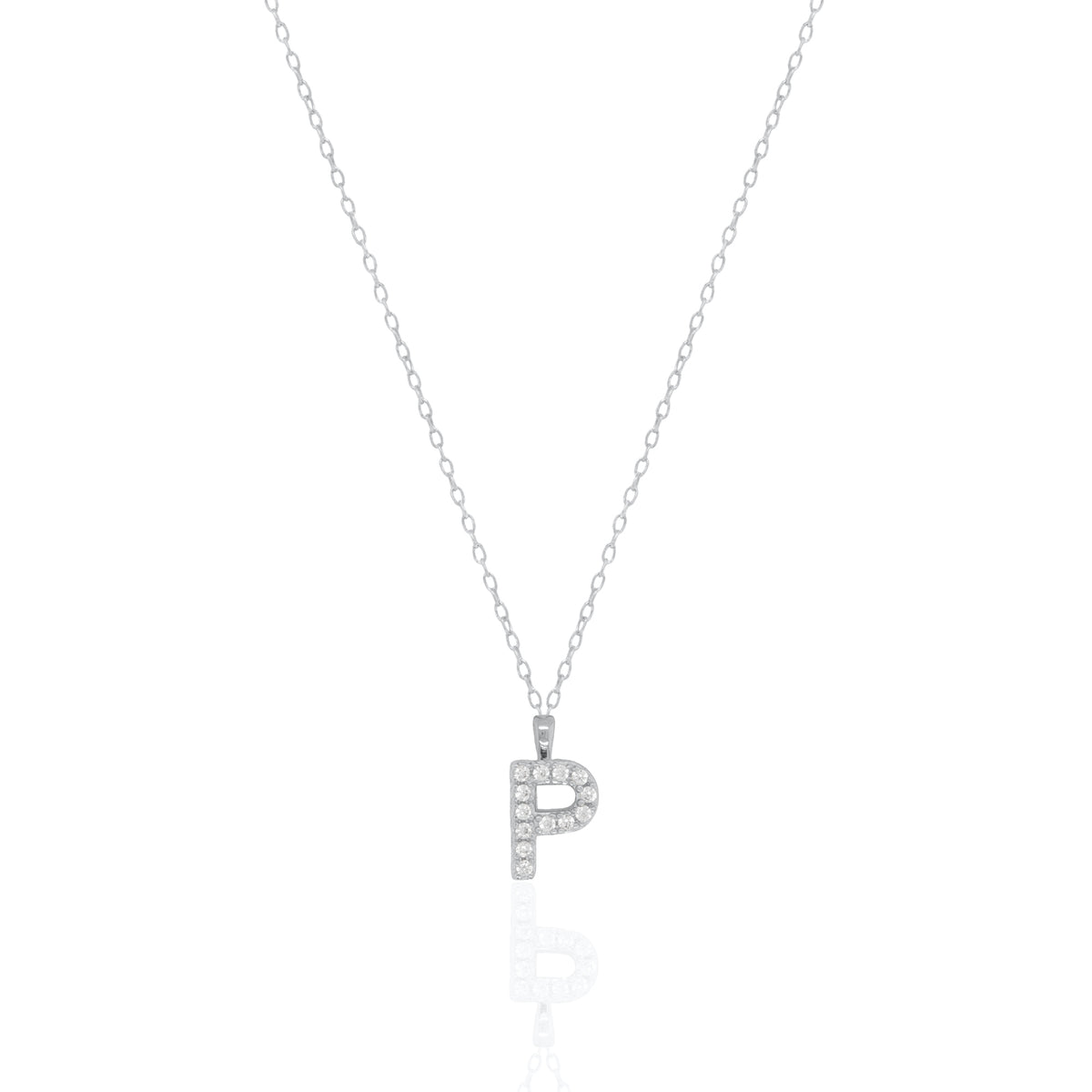 A silver initial necklace featuring a  letter pendant set with small clear stones, suspended from a delicate gold chain against a white background.