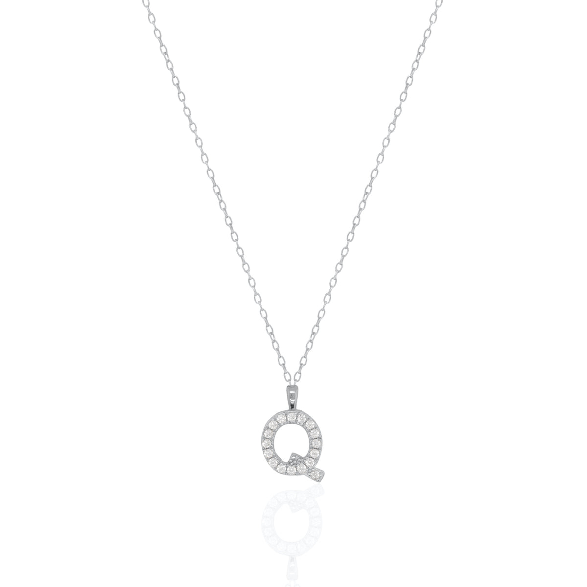 A silver initial necklace featuring a  letter pendant set with small clear stones, suspended from a delicate gold chain against a white background.