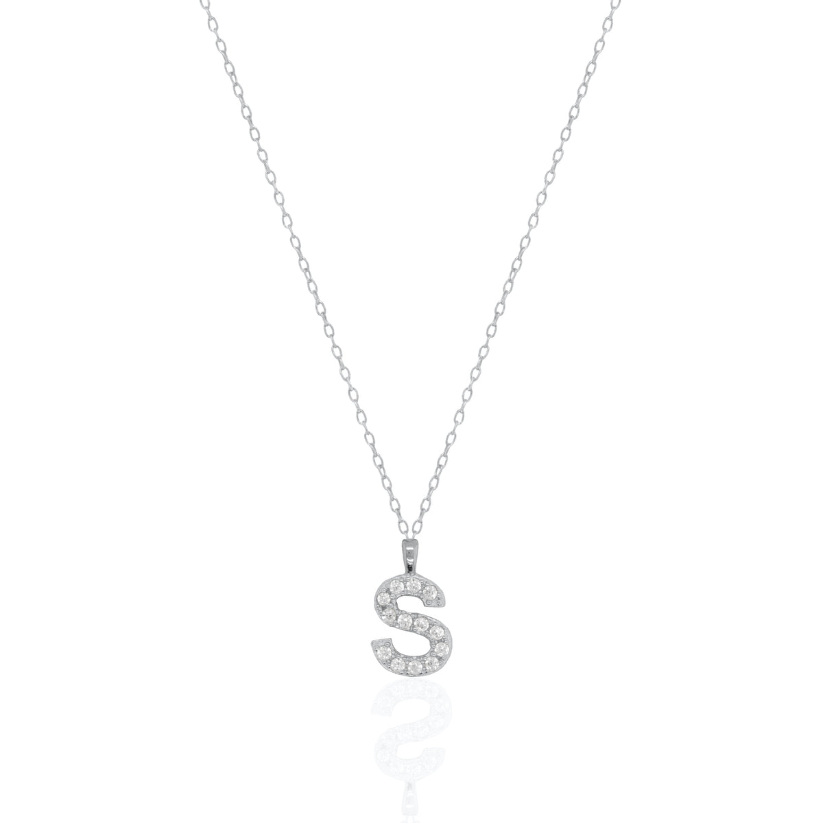A silver initial necklace featuring a  letter pendant set with small clear stones, suspended from a delicate gold chain against a white background.