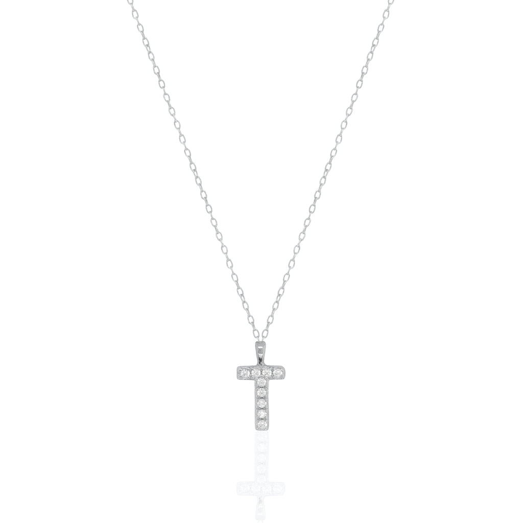 A silver initial necklace featuring a  letter pendant set with small clear stones, suspended from a delicate gold chain against a white background.