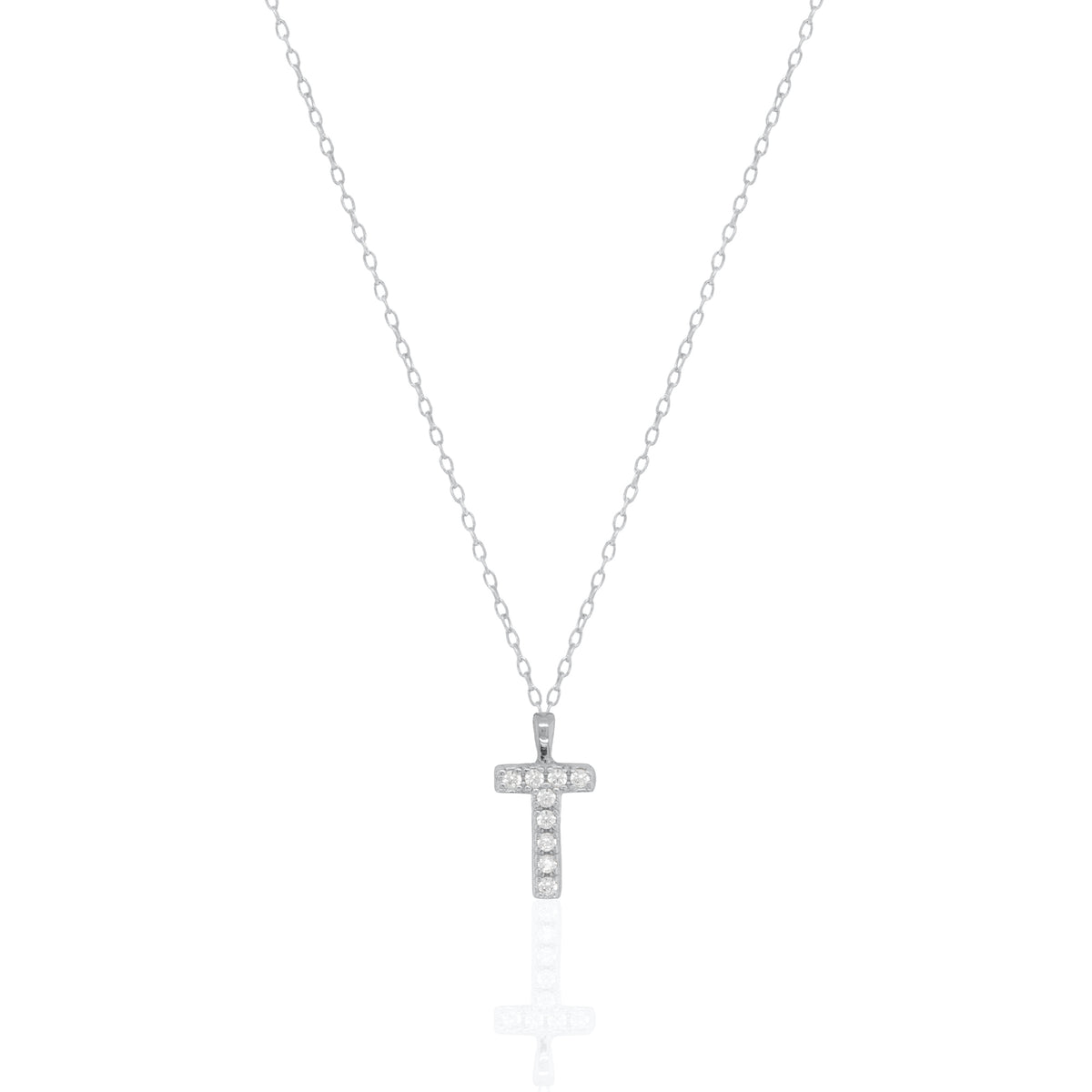 A silver initial necklace featuring a  letter pendant set with small clear stones, suspended from a delicate gold chain against a white background.
