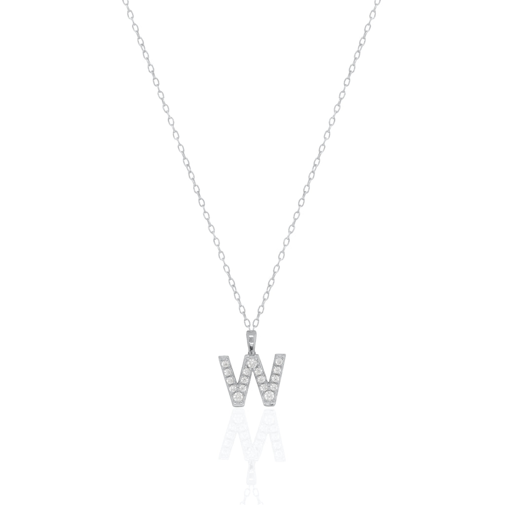 A silver initial necklace featuring a  letter pendant set with small clear stones, suspended from a delicate gold chain against a white background.