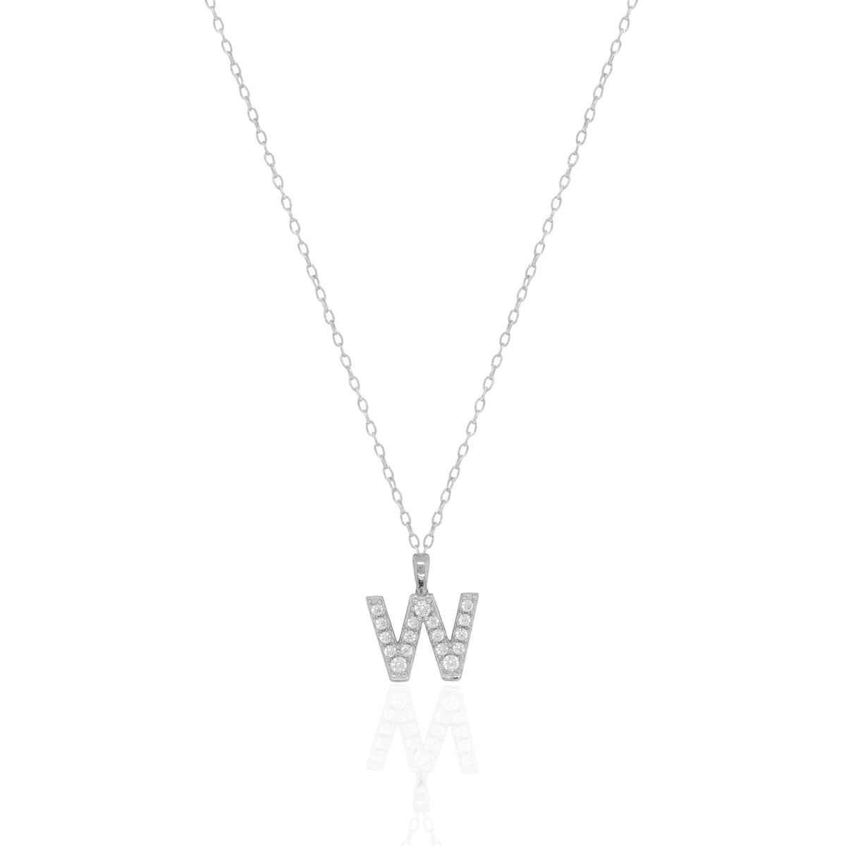 A silver initial necklace featuring a  letter pendant set with small clear stones, suspended from a delicate gold chain against a white background.