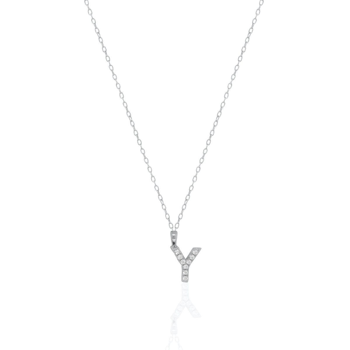 A silver initial necklace featuring a  letter pendant set with small clear stones, suspended from a delicate gold chain against a white background.
