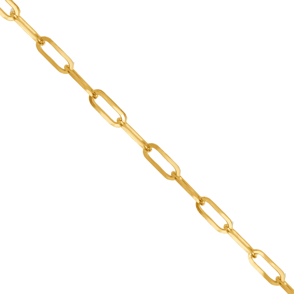 A close-up of a yellow gold paperclip chain link against a plain white background.