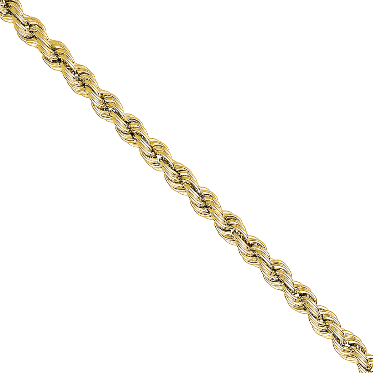 A close-up of a yellow gold rope chain link against a plain white background.