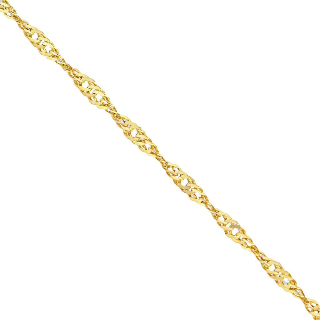 A close-up of a yellow gold twisted chain link against a plain white background.