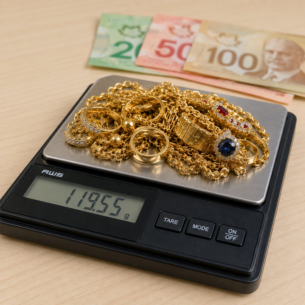 Gold jewelry on a digital scale with Canadian currency in the background