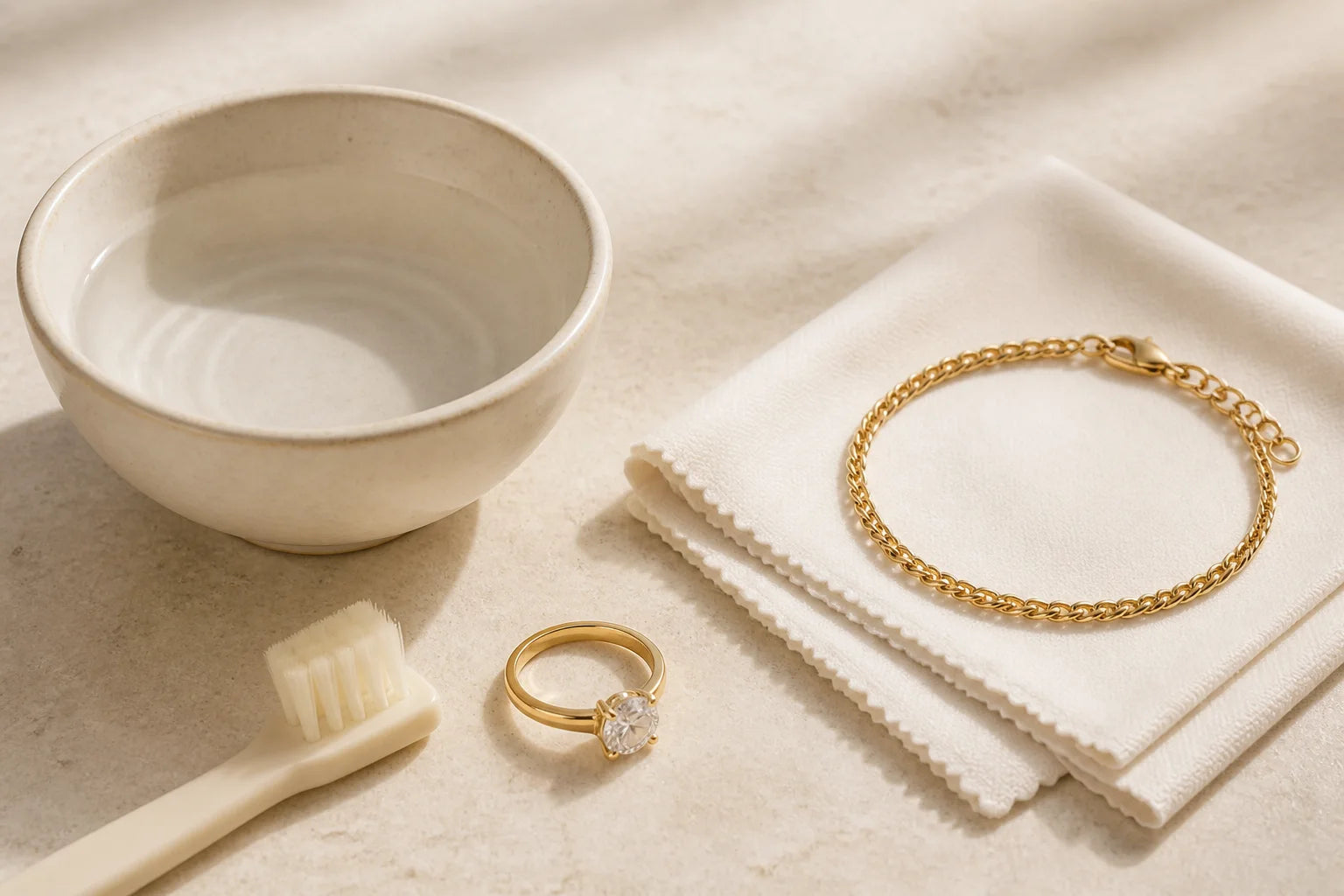 A diamond ring and gold bracelet beside a soft brush, bowl and lint-free cloth