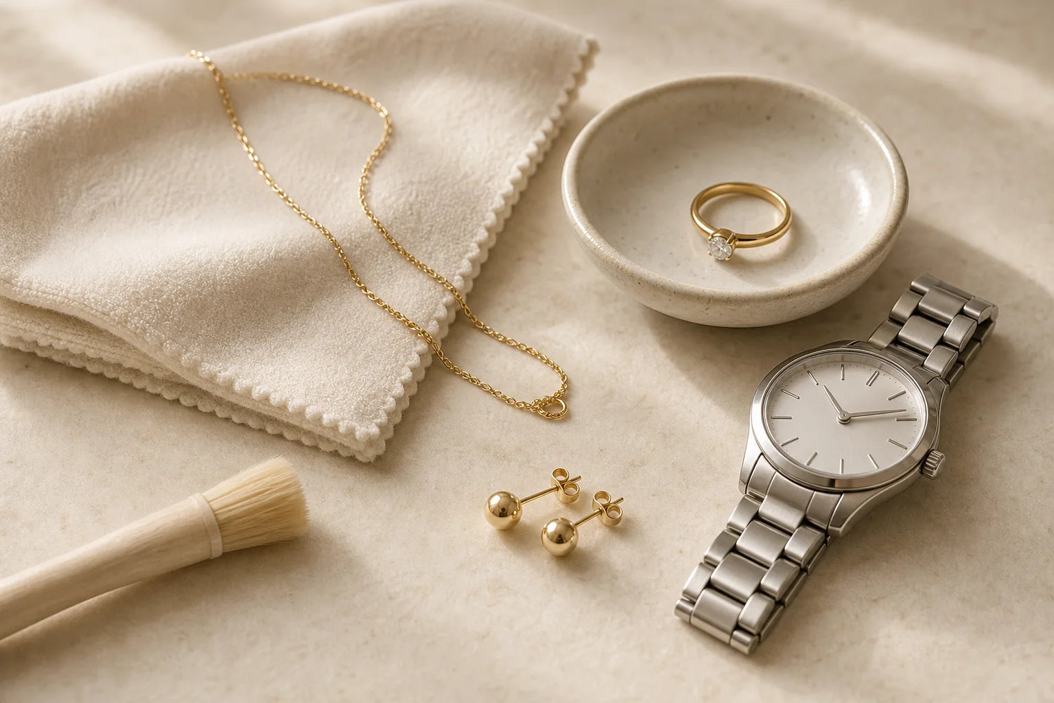 A gold ring, chain, earrings and wristwatch arranged with a soft jewellery cloth and brush