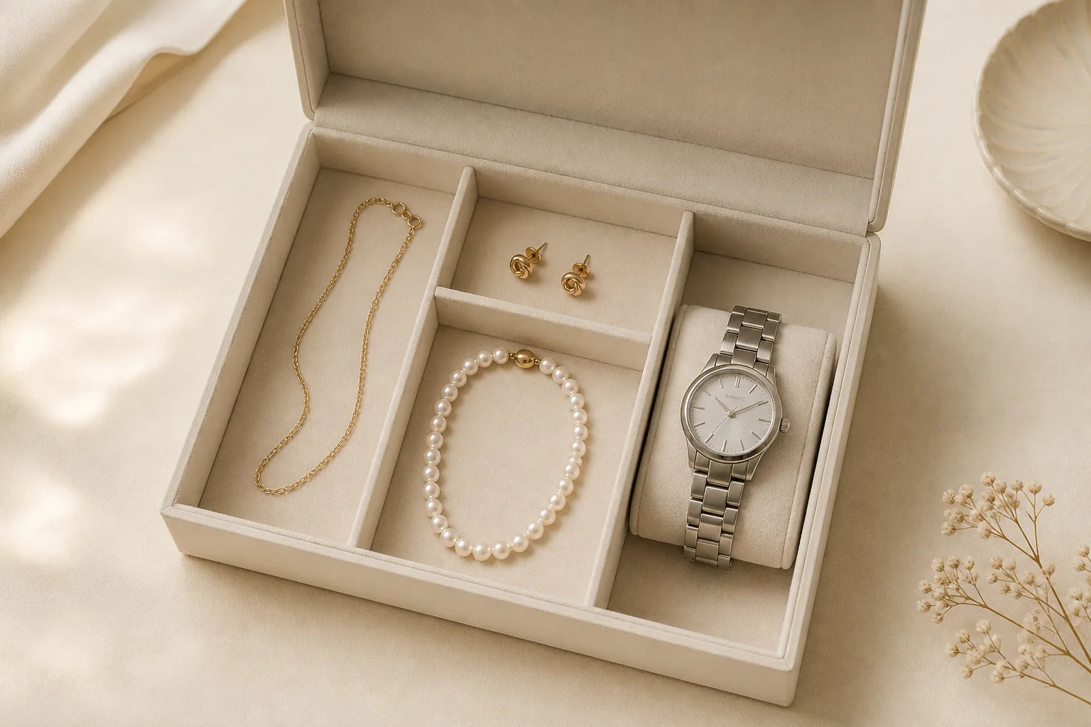 A chain, earrings, pearls and watch stored separately in a lined jewellery box