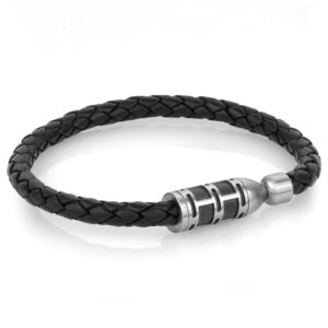 Stainless Steel Carbon Fibre Matte Bullet Twist Clasp Black Leather Bracelet